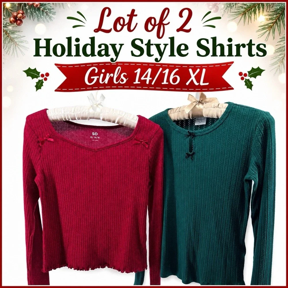 Lot of 2 Girls XL 14/16 Holiday Rib Knit Tops SO Abercrombie Kids Red Green